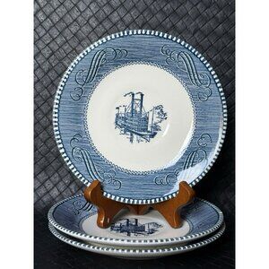 Currier Ives 6 Inch Plate Set Of 3 Blue And White Pottery Steam Paddle Ship Boat